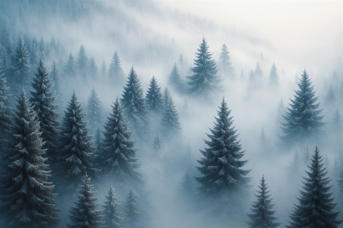 Fototapeta Gęsta mgła osłaniająca zimowy poranny las w tonacjach błękitu.