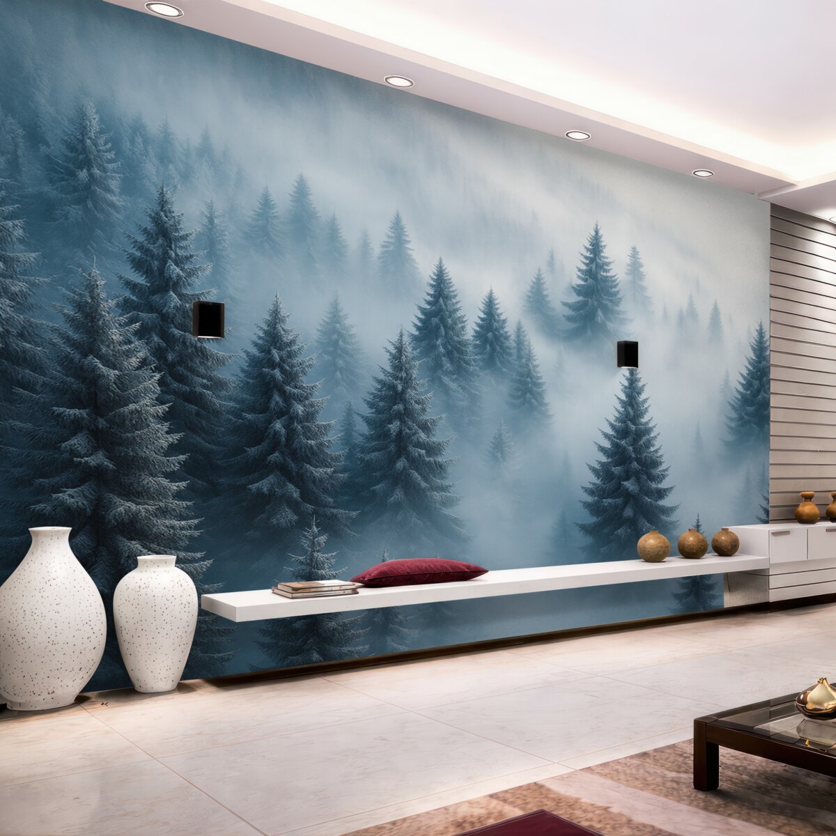 Fototapeta Gęsta mgła osłaniająca zimowy poranny las w tonacjach błękitu.