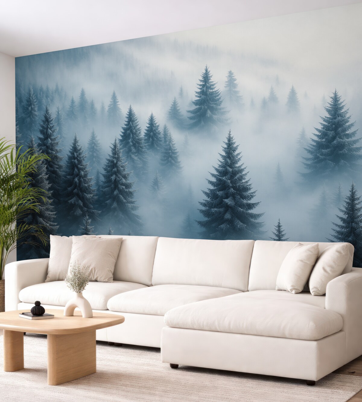 Fototapeta Gęsta mgła osłaniająca zimowy poranny las w tonacjach błękitu.