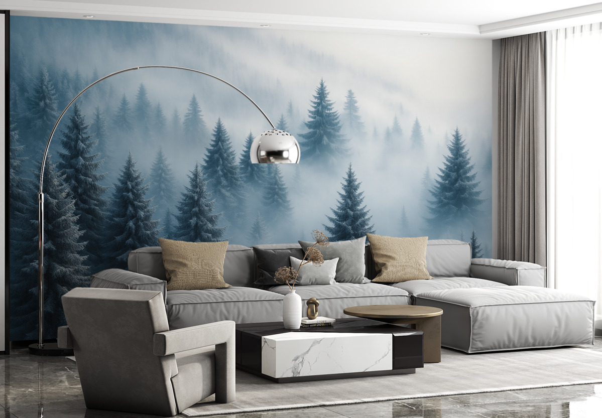 Fototapeta Gęsta mgła osłaniająca zimowy poranny las w tonacjach błękitu.