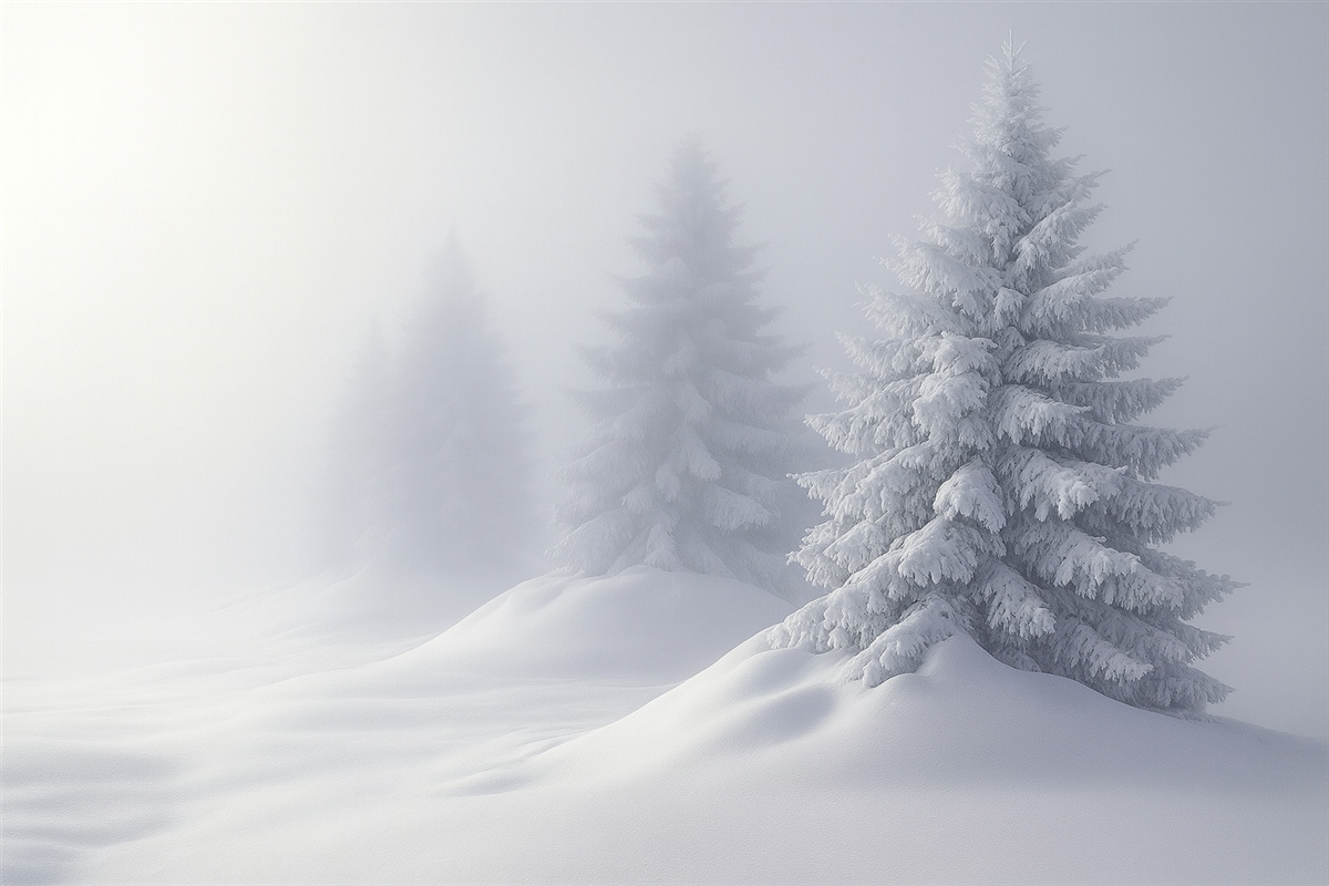 Fototapeta Zasypane śniegiem jodły w izolacji mglistych poranków.
