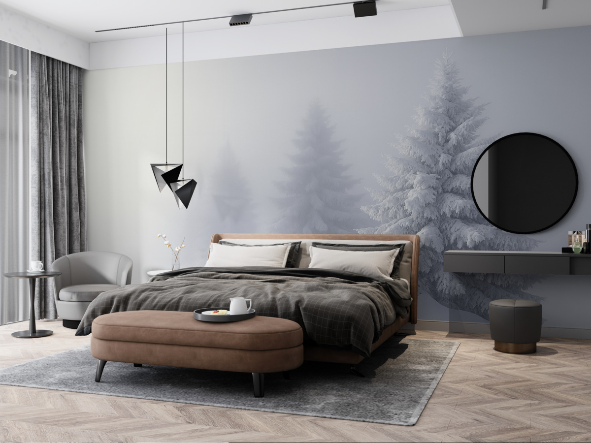 Fototapeta Zasypane śniegiem jodły w izolacji mglistych poranków.