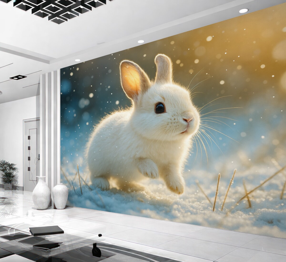 Fototapeta Uroczy biały zajączek biegnący przez poranny śnieg.