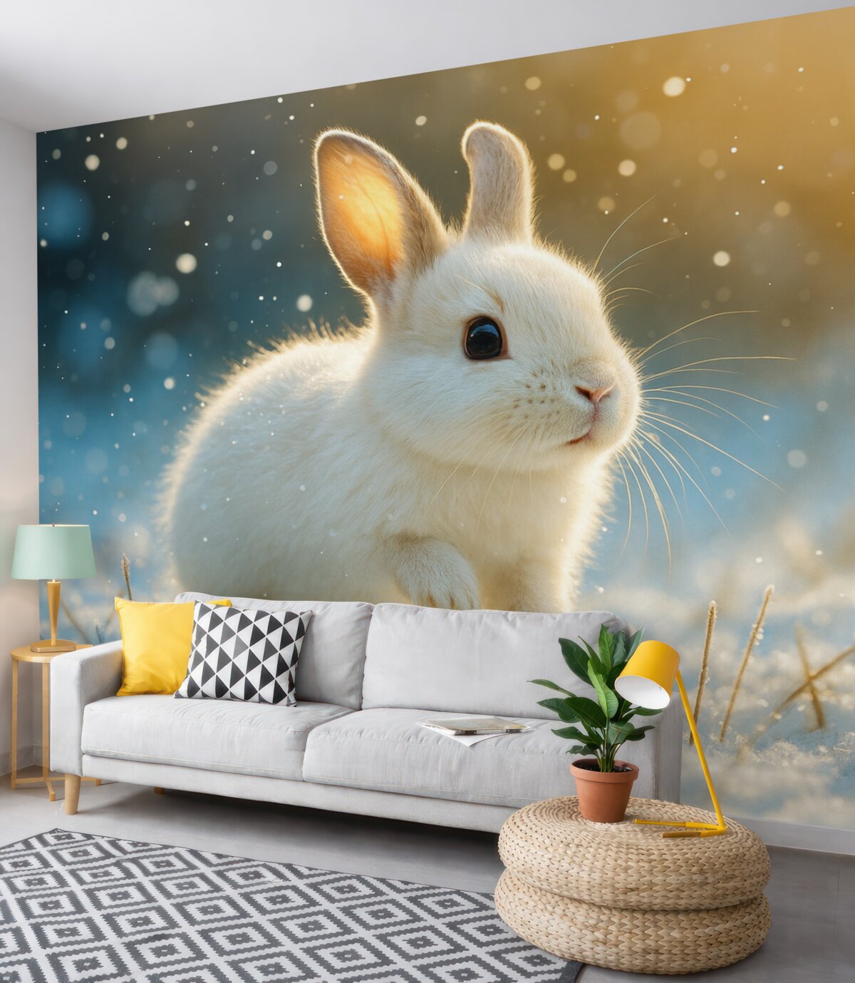 Fototapeta Uroczy biały zajączek biegnący przez poranny śnieg.