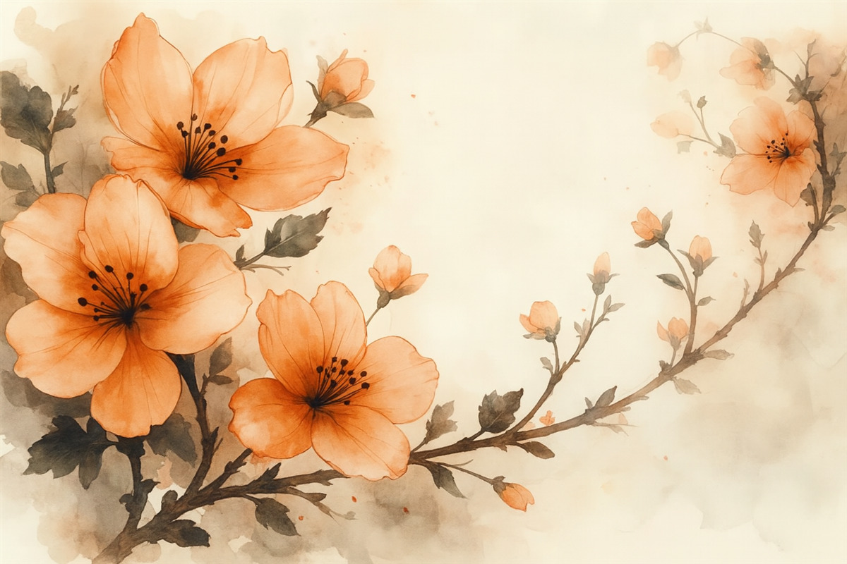 Fototapeta Akwarelowa aranżacja kwiatów w ciepłych tonacjach brzoskwini i pomarańczy.