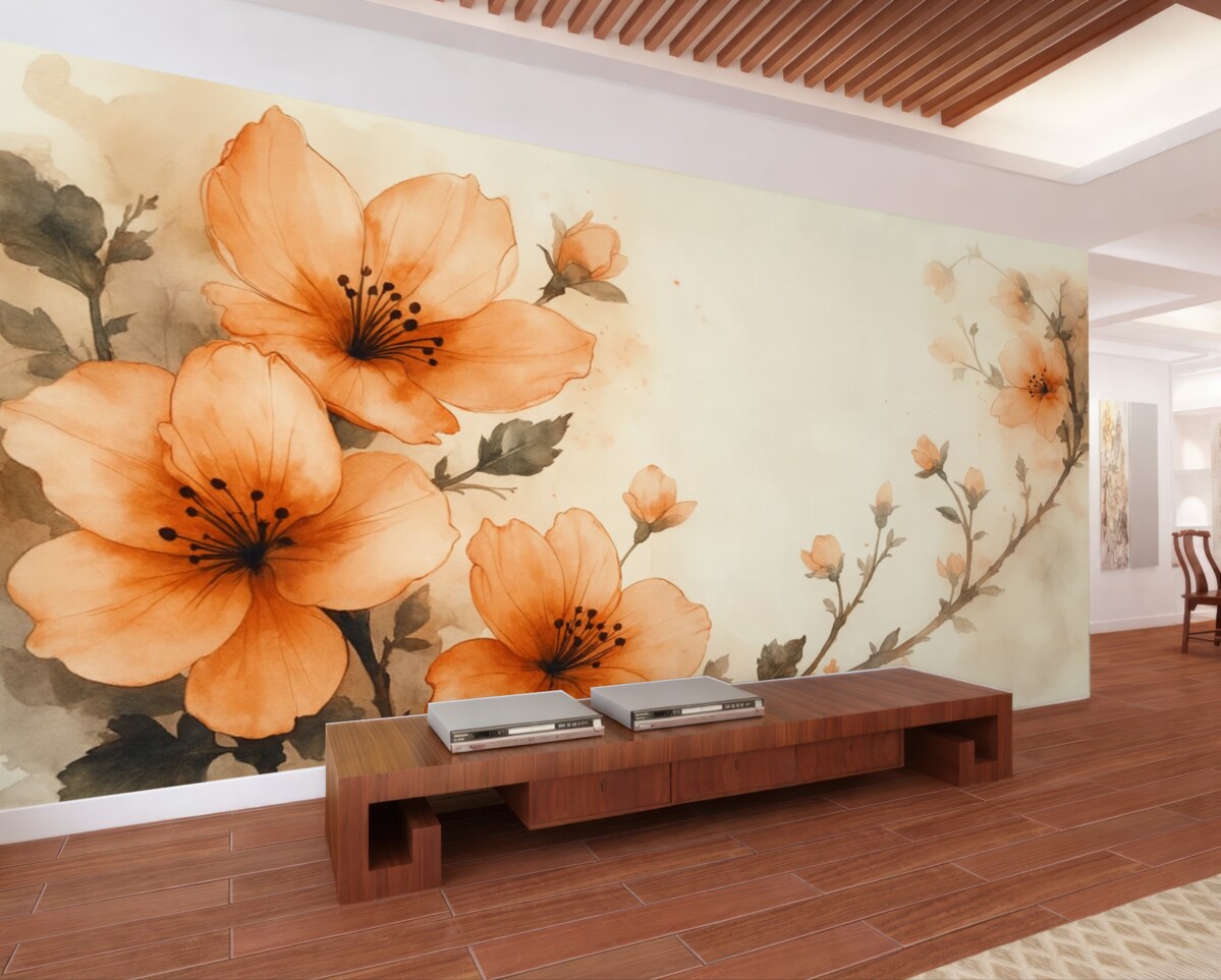 Fototapeta Akwarelowa aranżacja kwiatów w ciepłych tonacjach brzoskwini i pomarańczy.