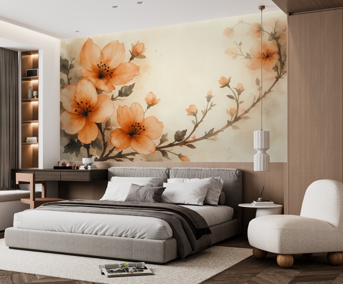 Fototapeta Akwarelowa aranżacja kwiatów w ciepłych tonacjach brzoskwini i pomarańczy.