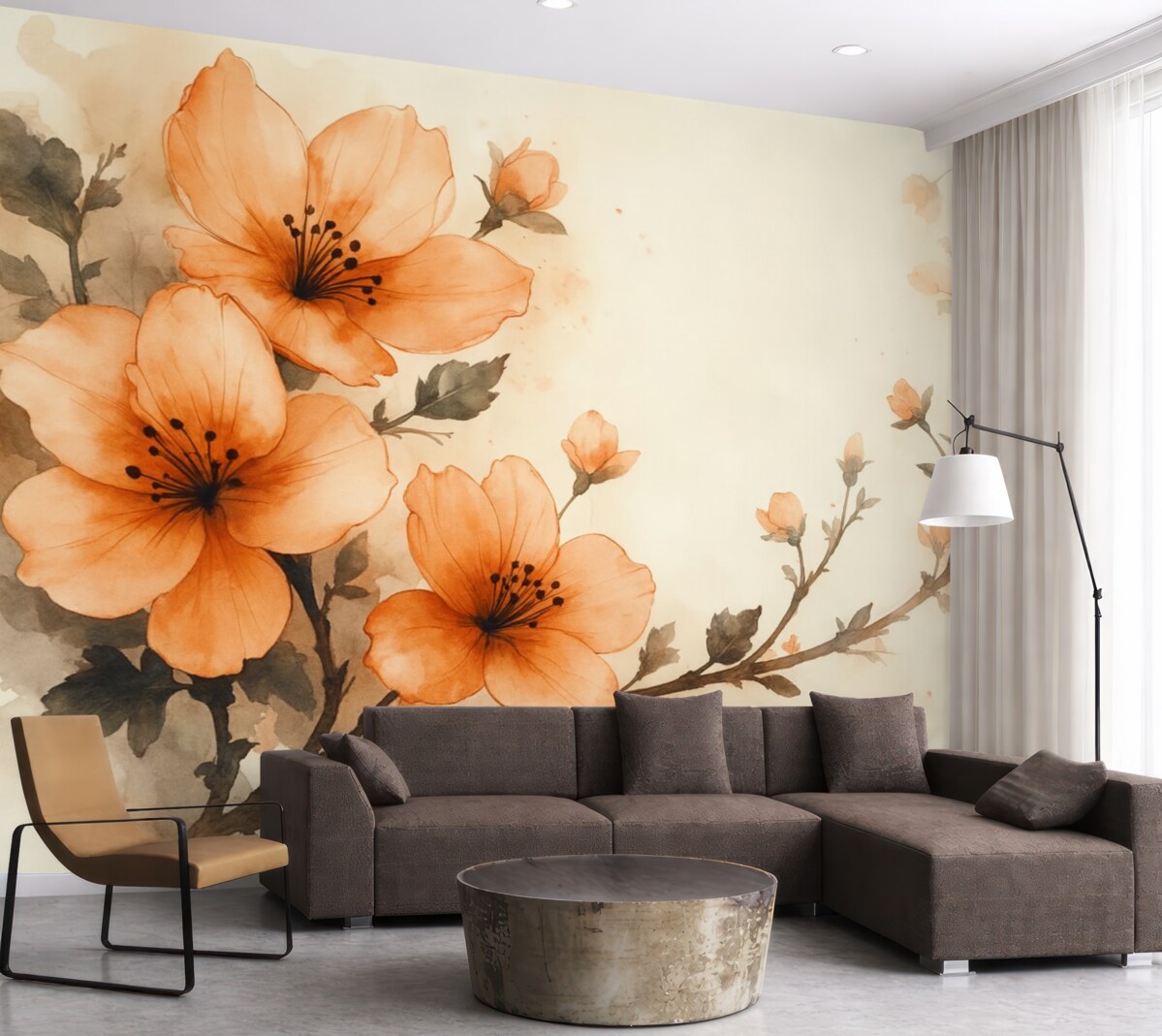 Fototapeta Akwarelowa aranżacja kwiatów w ciepłych tonacjach brzoskwini i pomarańczy.