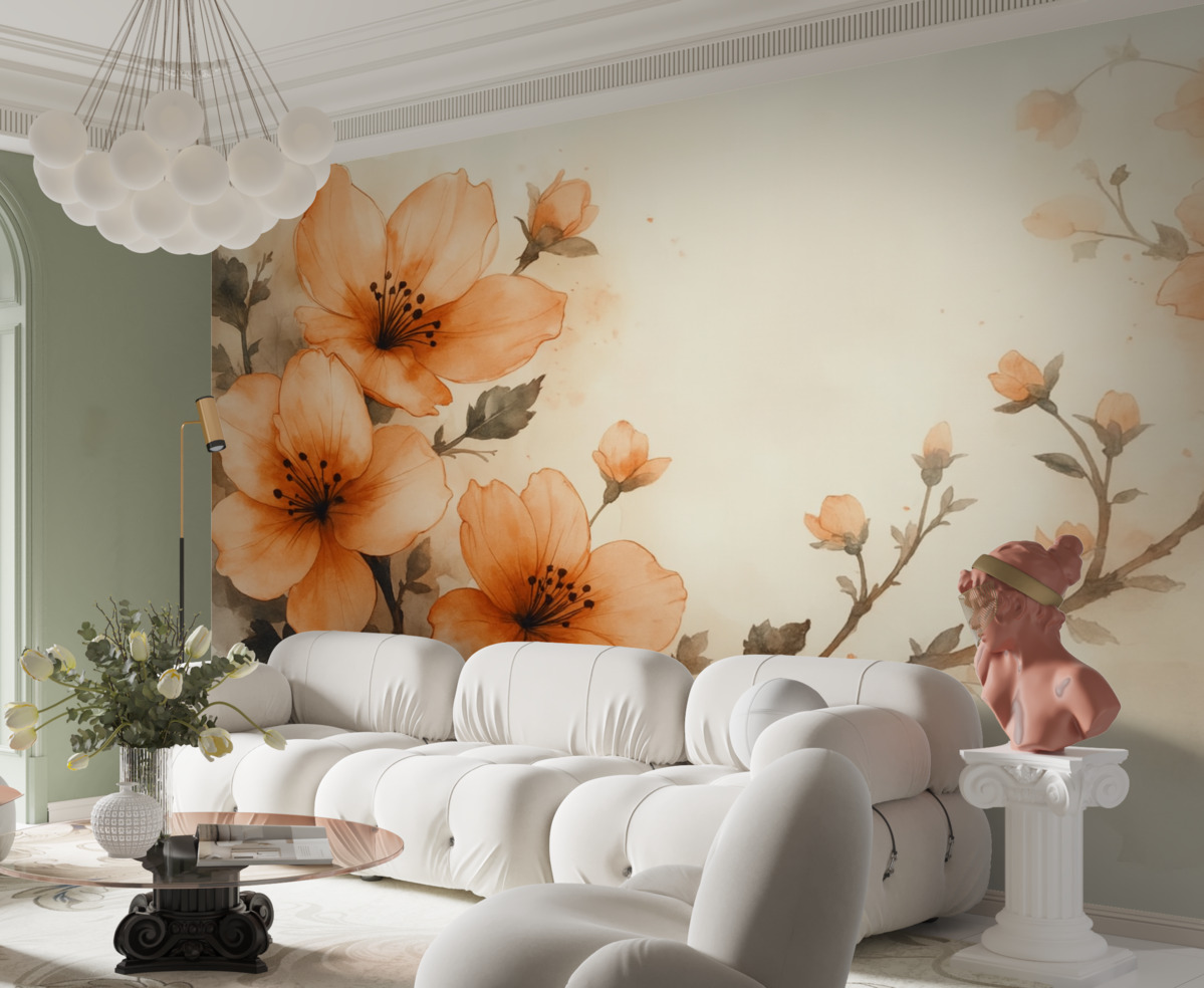 Fototapeta Akwarelowa aranżacja kwiatów w ciepłych tonacjach brzoskwini i pomarańczy.