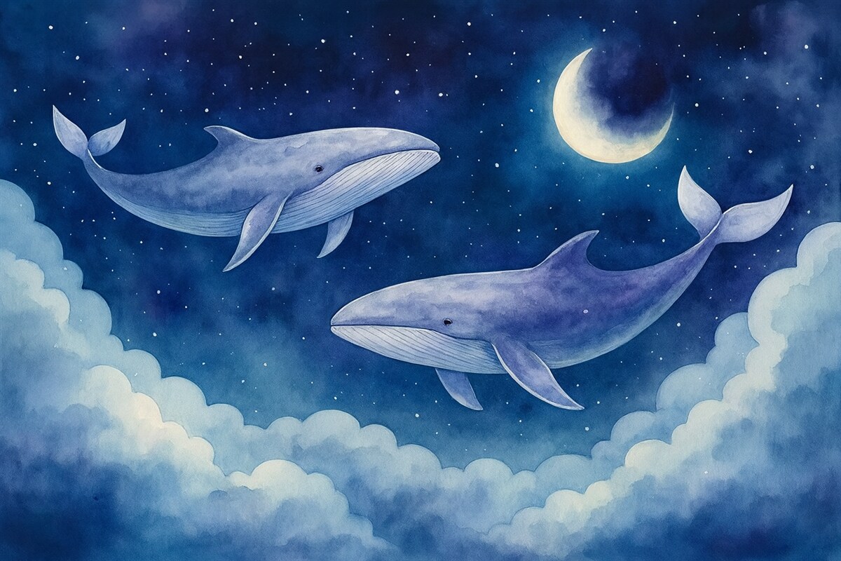Fototapeta Akwarelowe wieloryby unoszące się po gwiaździstym nocnym niebie z błękitnymi chmurami.