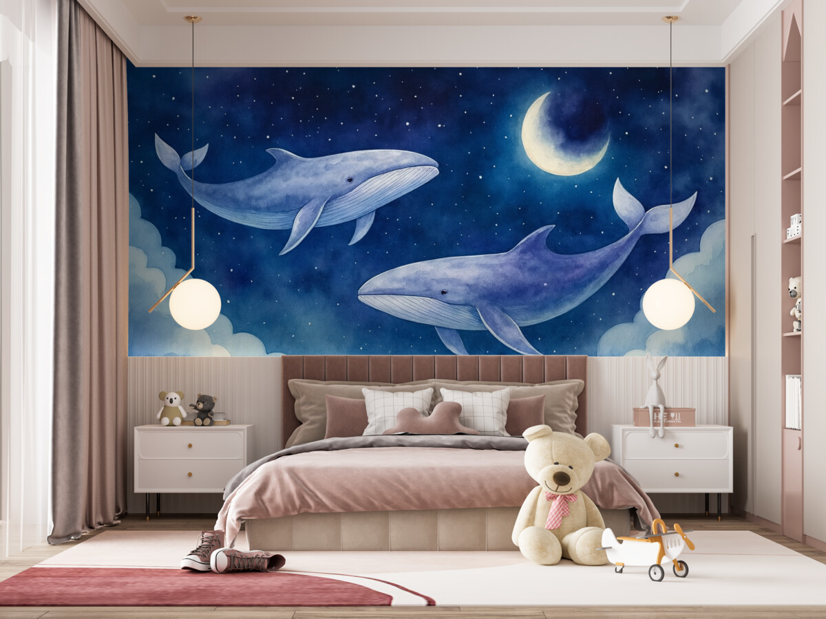 Fototapeta Akwarelowe wieloryby unoszące się po gwiaździstym nocnym niebie z błękitnymi chmurami.