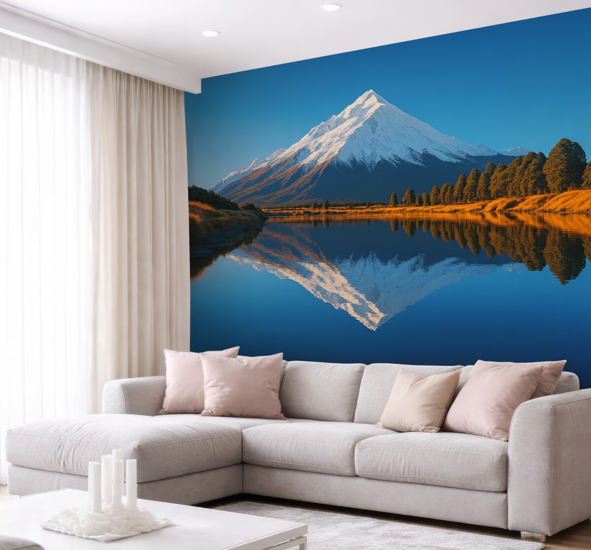 Fototapeta Krajobraz górski z drzewami i potokiem.