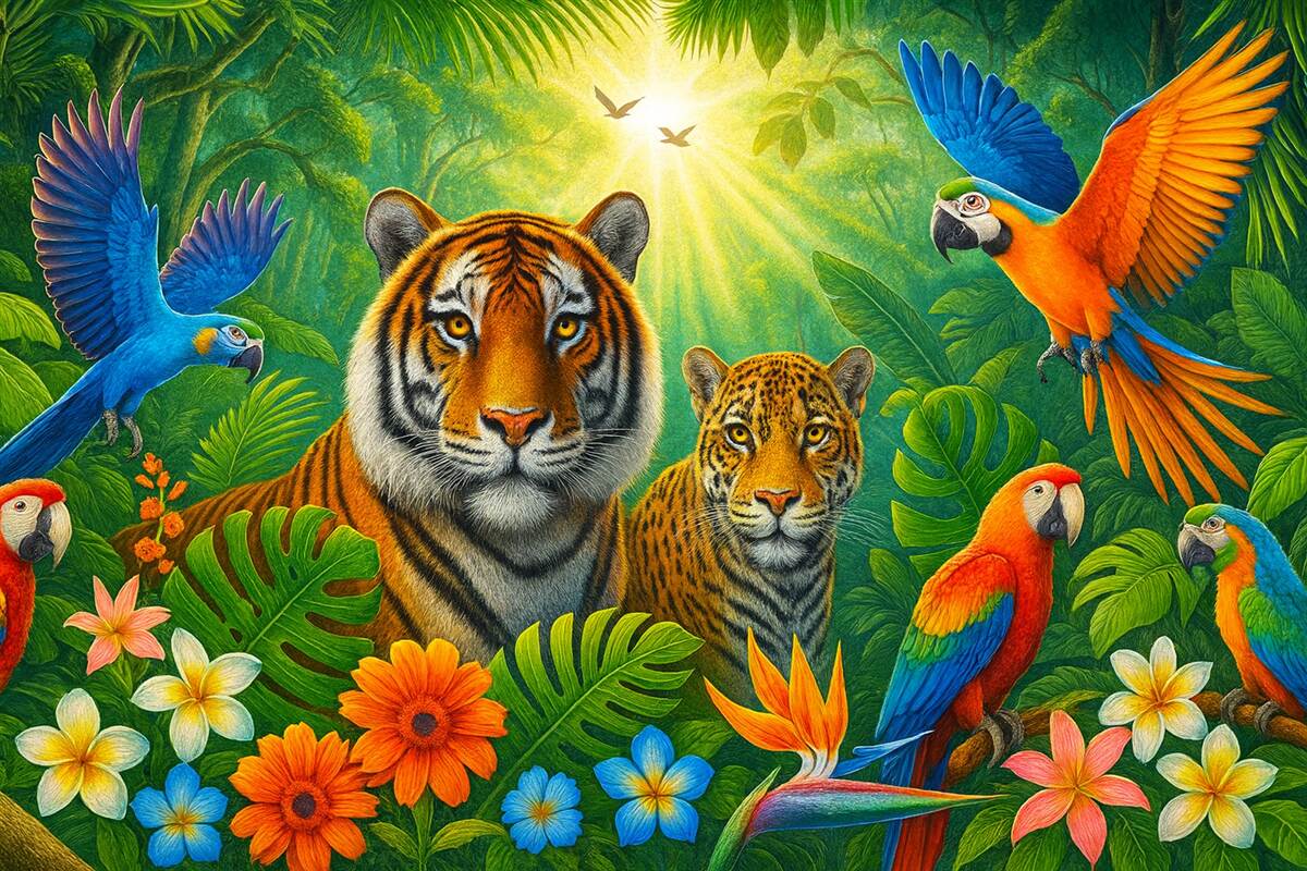 Fototapeta Wielobarwna tapeta ścienna z widokiem na tropiki z parą tygrysów, papugami oraz kwiatami.