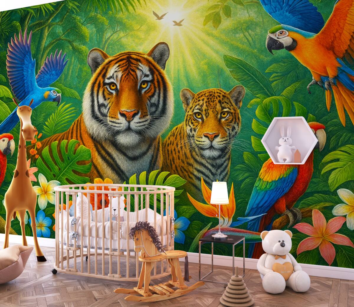 Fototapeta Wielobarwna tapeta ścienna z widokiem na tropiki z parą tygrysów, papugami oraz kwiatami.