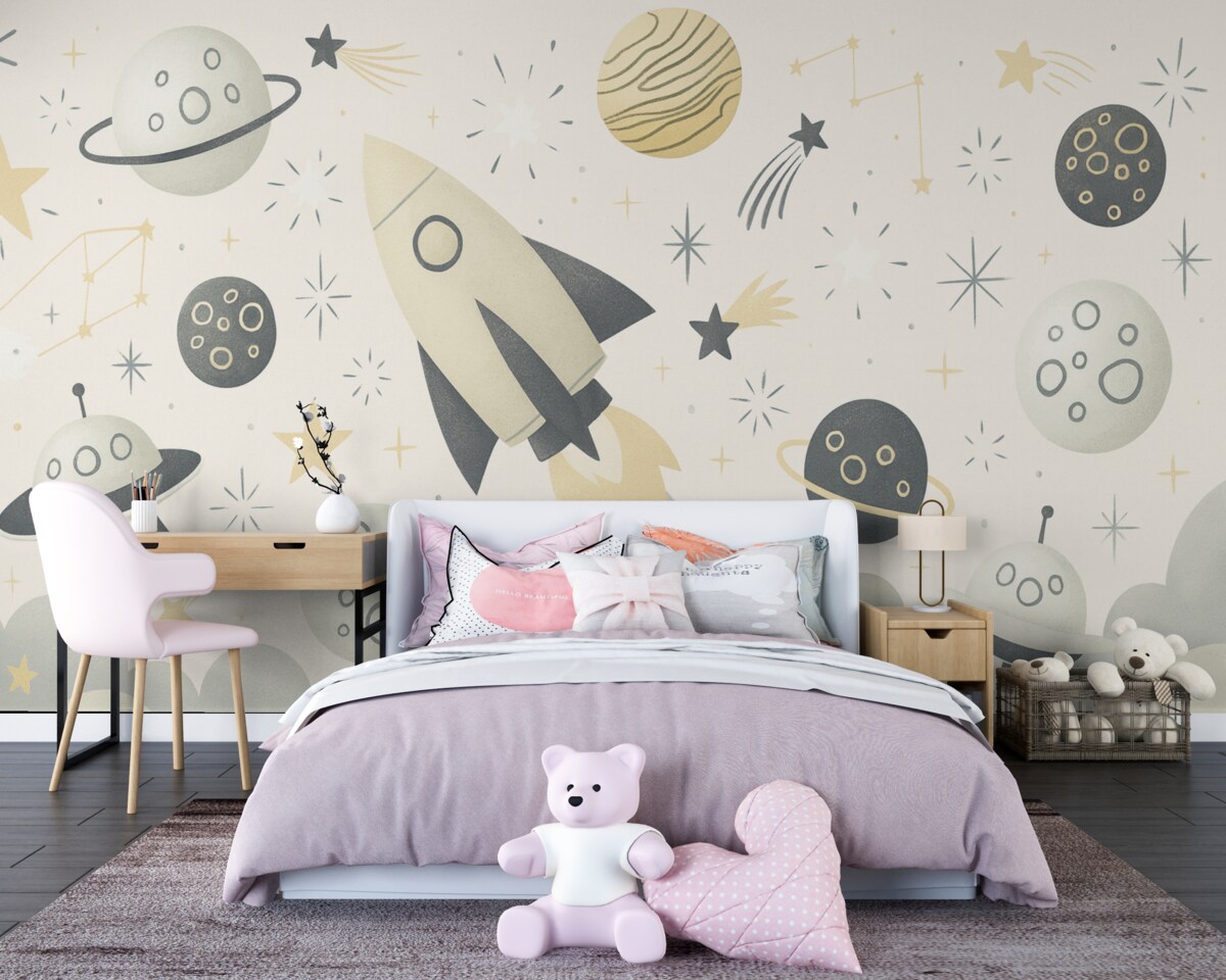 Fototapeta Planety, rakieta w kosmosie, gwiazdy w przestrzeni w odcieniach żółci.