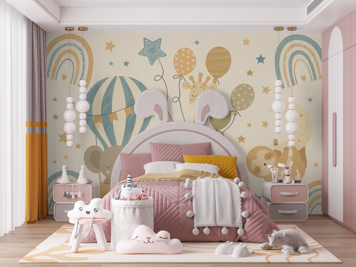 Fototapeta Malowany słoń, żyrafa oraz leniwiec na obłokach na niebie.