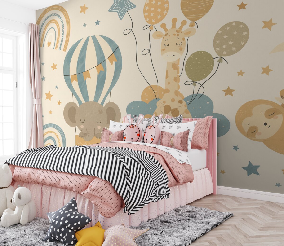 Fototapeta Malowany słoń, żyrafa oraz leniwiec na obłokach na niebie.