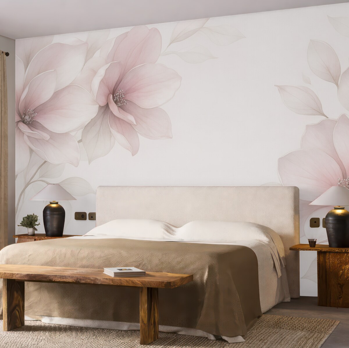 Fototapeta Różowe, półprzezroczyste, spore kwiaty u góry.