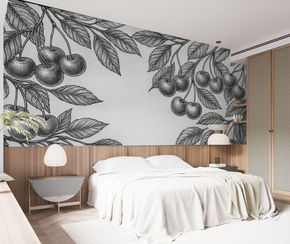 Fototapeta Pomarańczowe gałęzie z wiśniami na szarym tle.