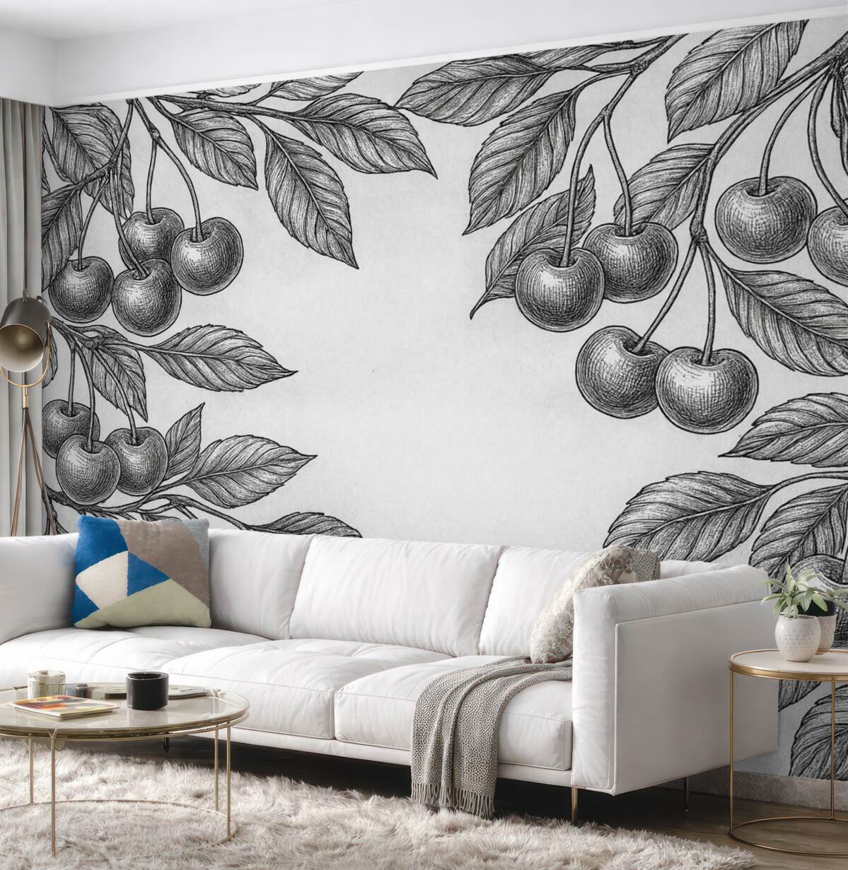 Fototapeta Pomarańczowe gałęzie z wiśniami na szarym tle.