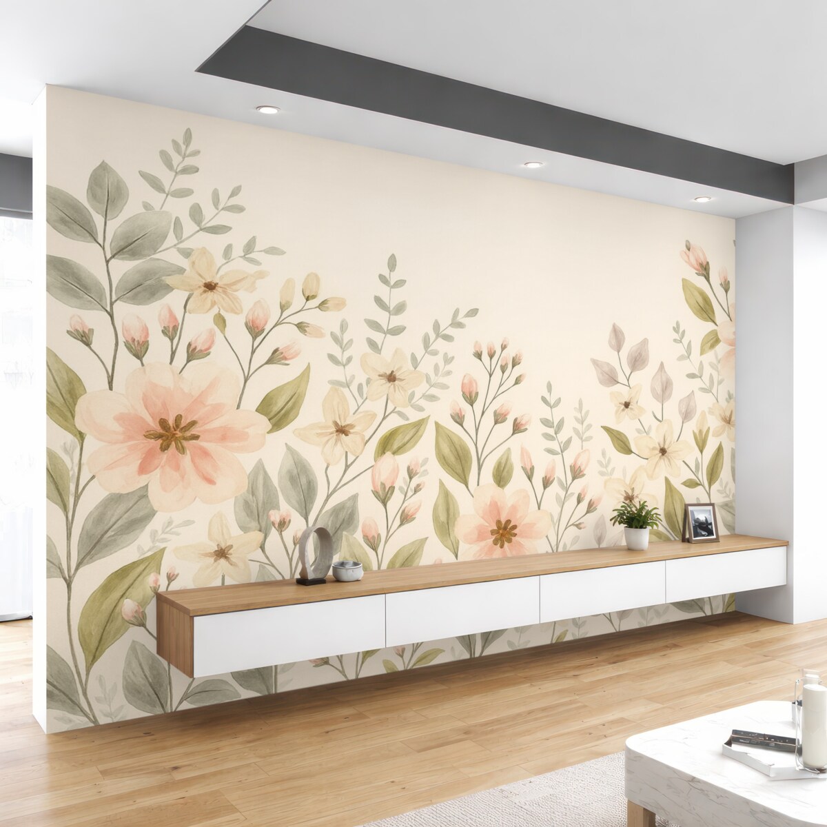 Fototapeta Kwiaty oraz liście w rogach na beżowym tle.