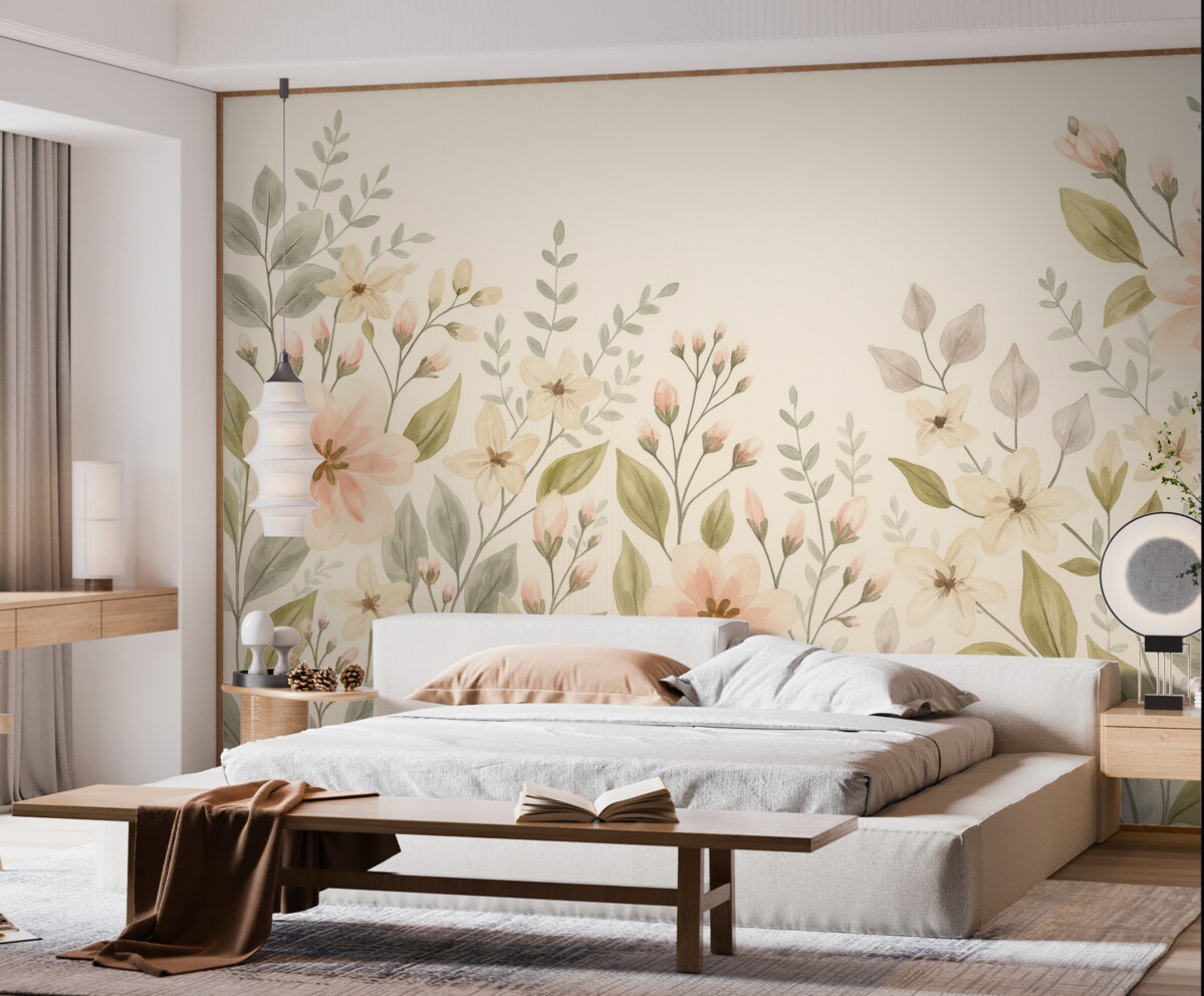 Fototapeta Kwiaty oraz liście w rogach na beżowym tle.