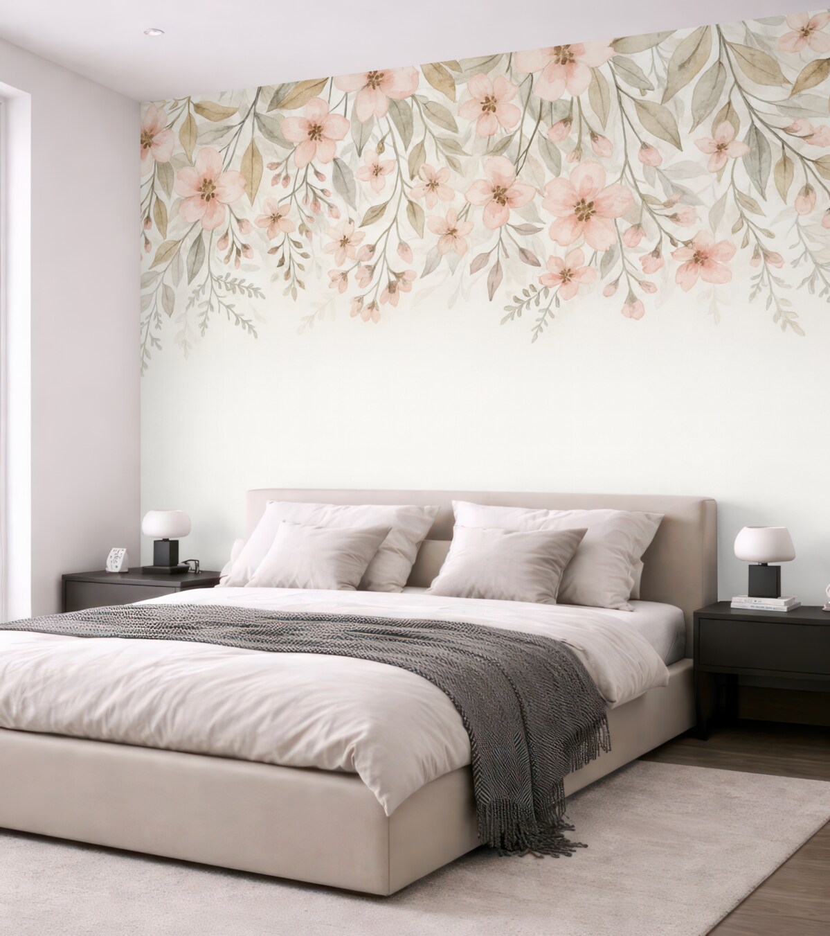 Fototapeta kwiaty oraz liście na jasnobeżowym tle