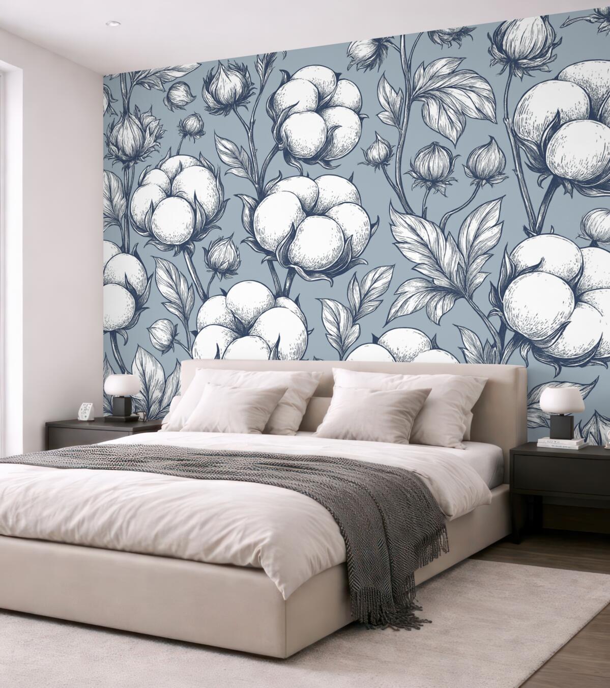 Fototapeta Bawełniane kwiaty na subtelnym niebieskim tle.