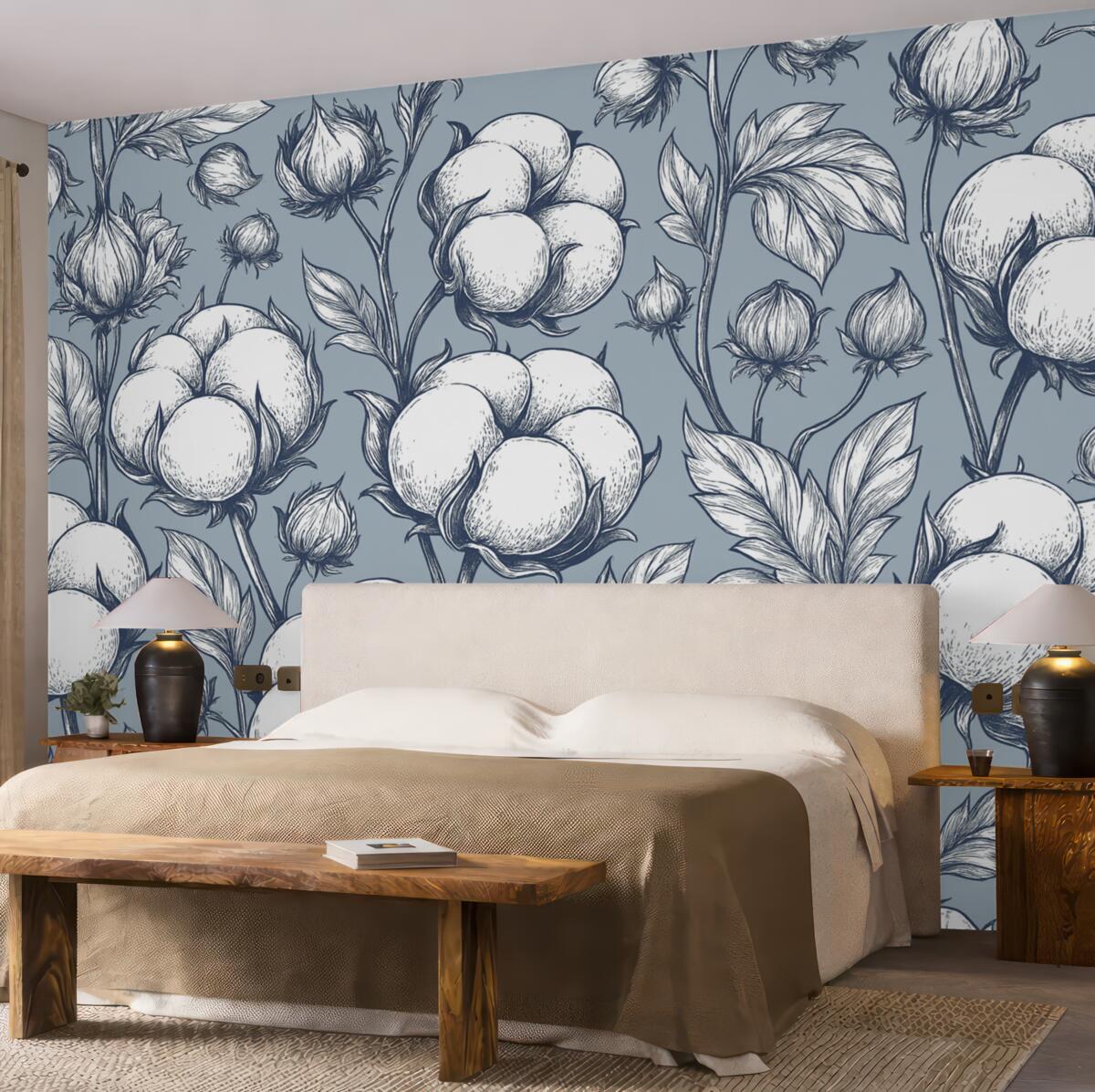 Fototapeta Bawełniane kwiaty na subtelnym niebieskim tle.