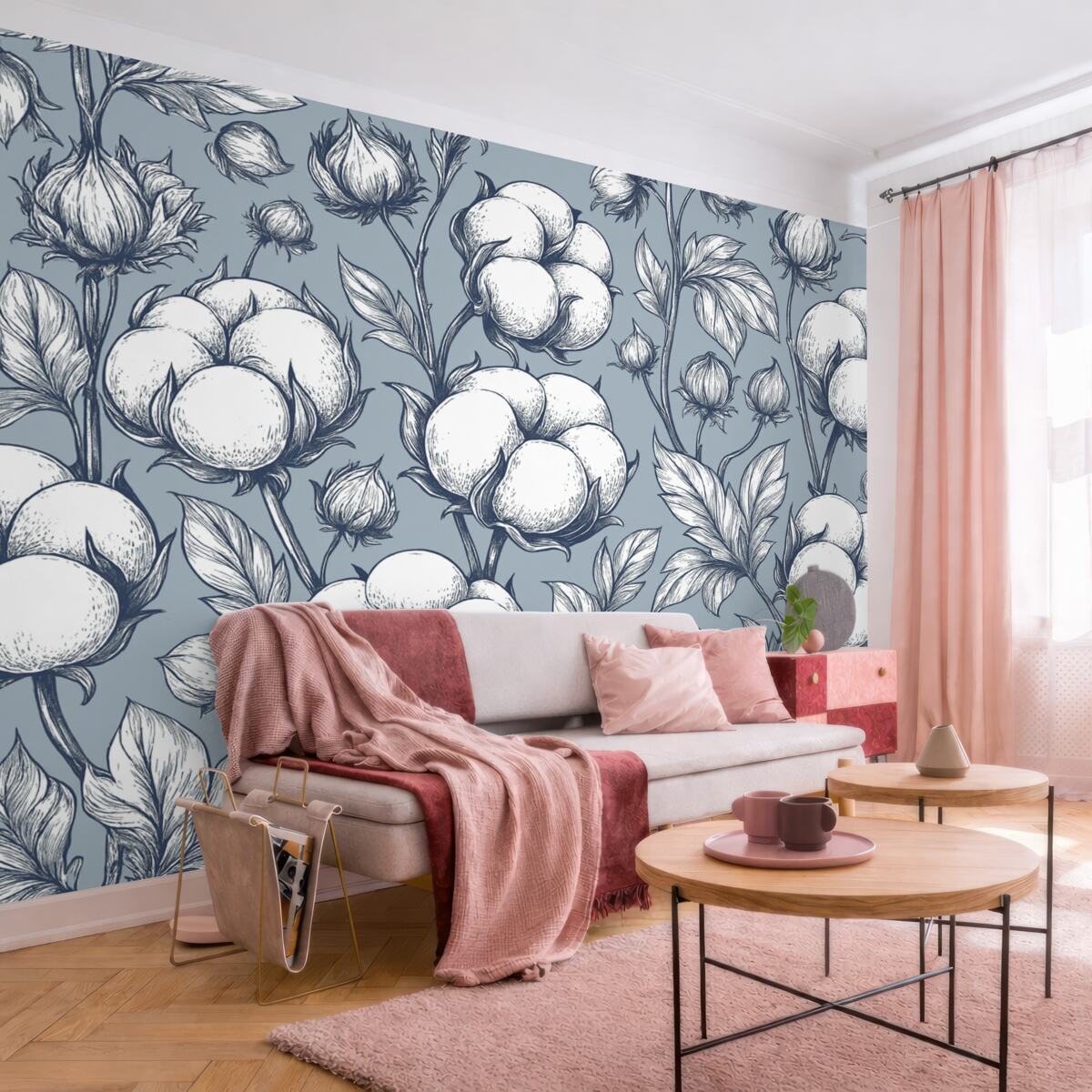 Fototapeta Bawełniane kwiaty na subtelnym niebieskim tle.