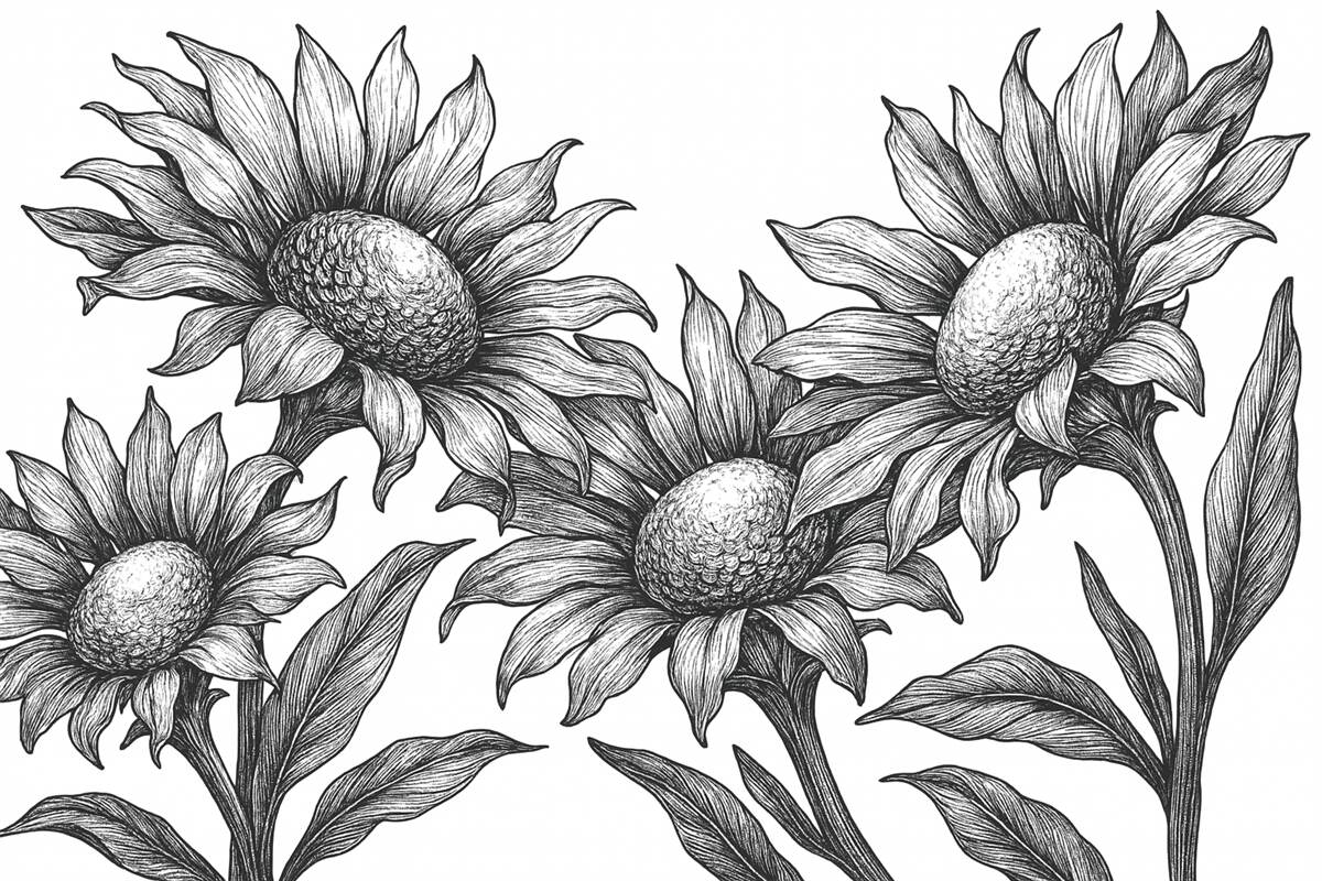 Fototapeta Wielkie kwiaty chryzantem, w szeregach, w ciemnoszarych tonach.