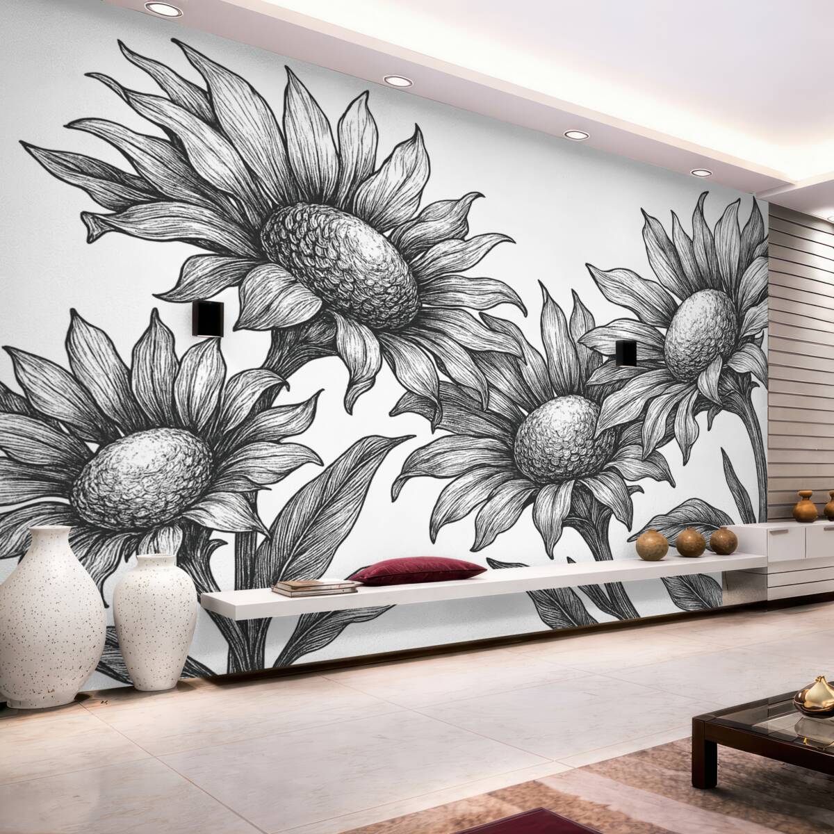 Fototapeta Wielkie kwiaty chryzantem, w szeregach, w ciemnoszarych tonach.