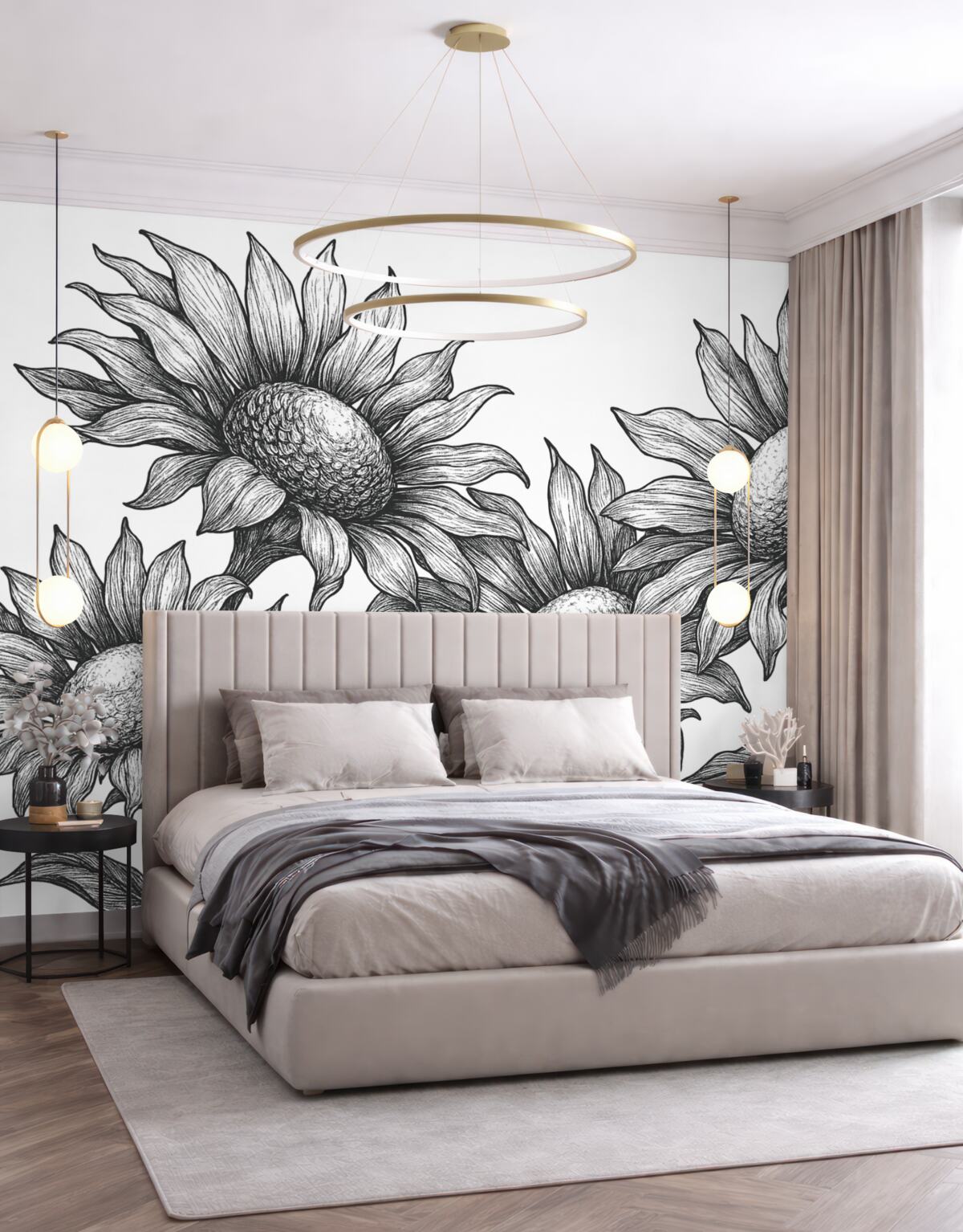 Fototapeta Wielkie kwiaty chryzantem, w szeregach, w ciemnoszarych tonach.