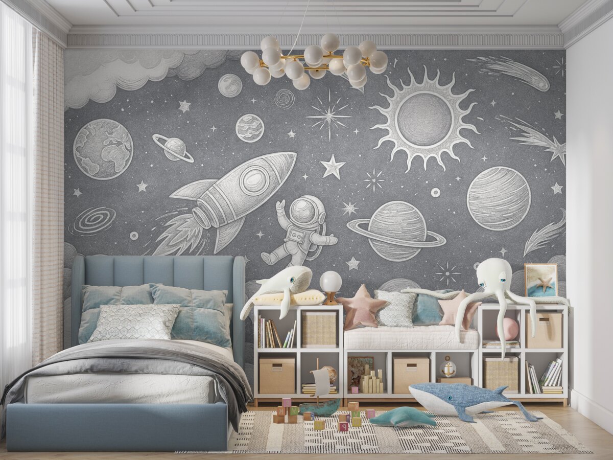 Fototapeta Planetarny świat i szarość astronauty.