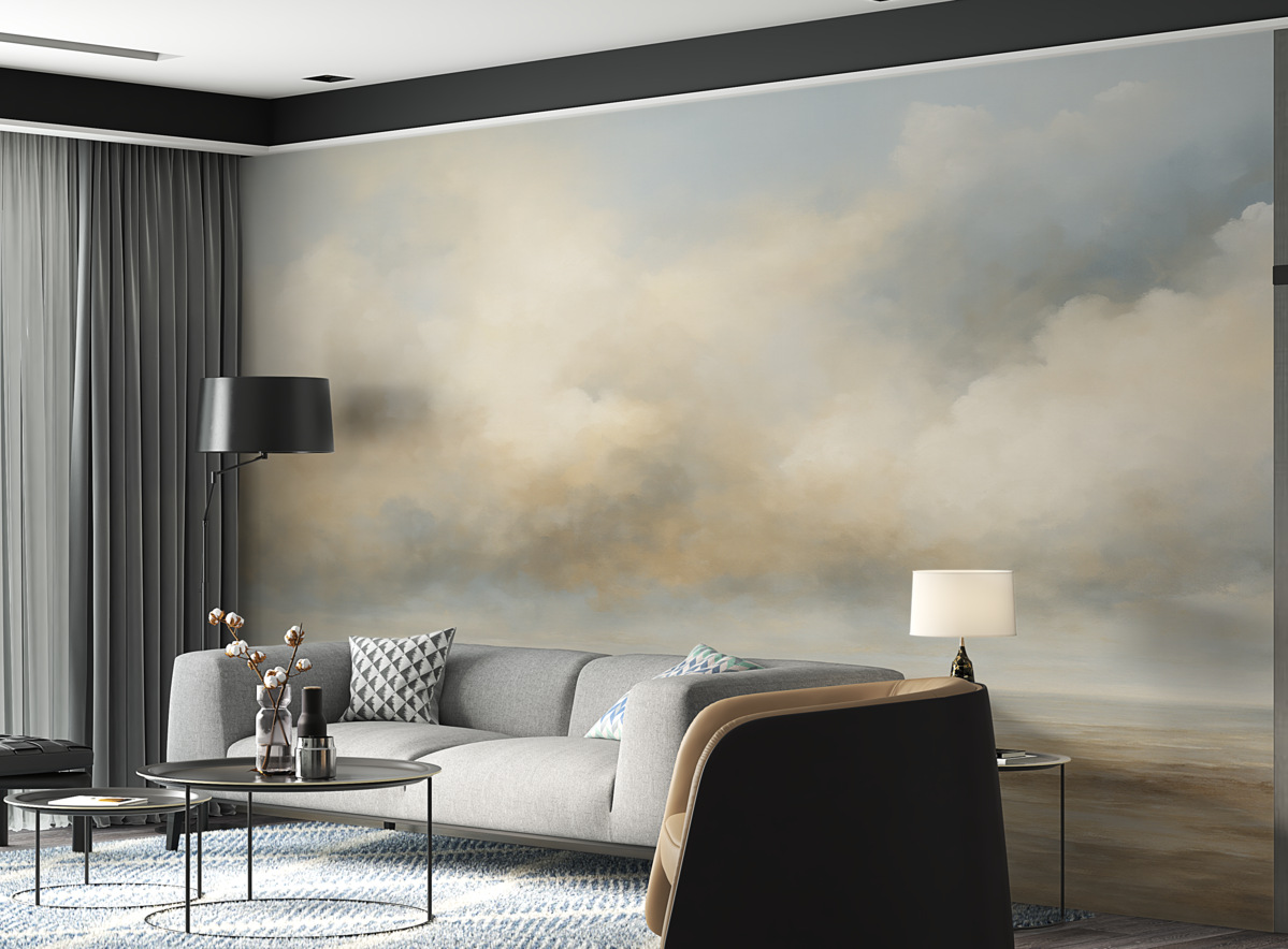 Fototapeta Pejzaż malowany akwarelami z chmurami i oceanem.