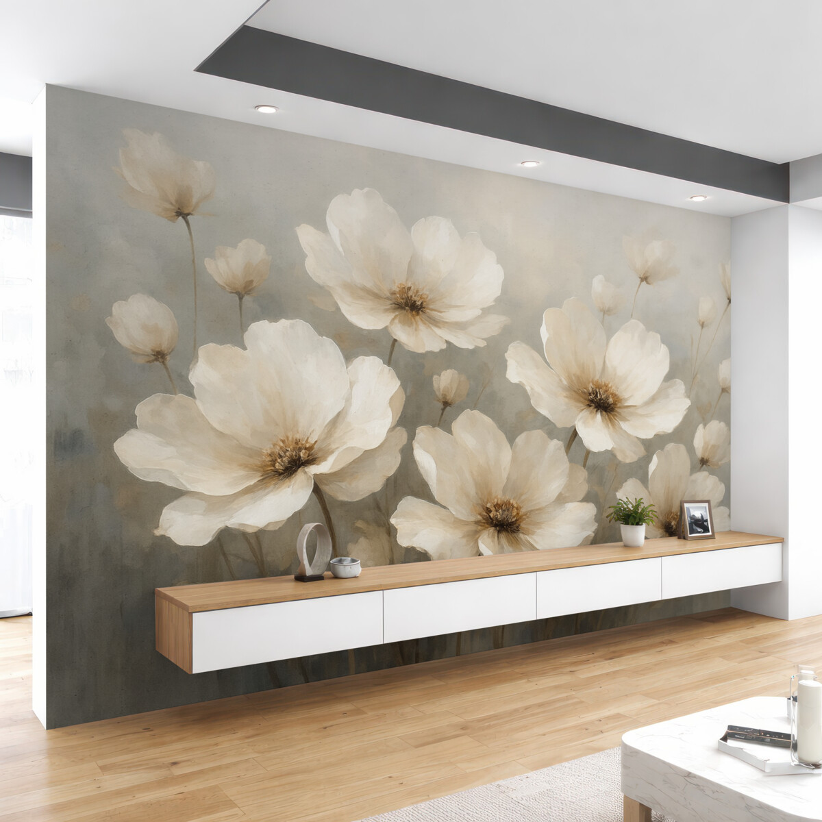 Fototapeta Kwiaty namalowane olejem na betonowej powierzchni.