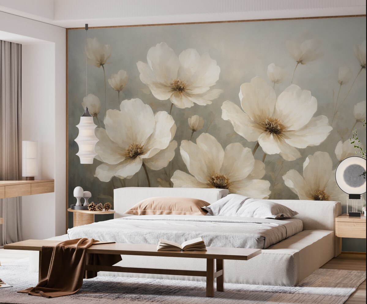 Fototapeta Kwiaty namalowane olejem na betonowej powierzchni.