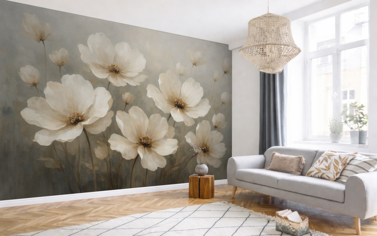 Fototapeta Kwiaty namalowane olejem na betonowej powierzchni.