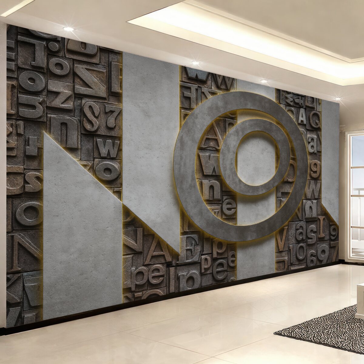 Fototapeta Nowoczesna tapeta w stylu loftowym z odwzorowaniem trójwymiarowych liter, betonu i oświetlenia.