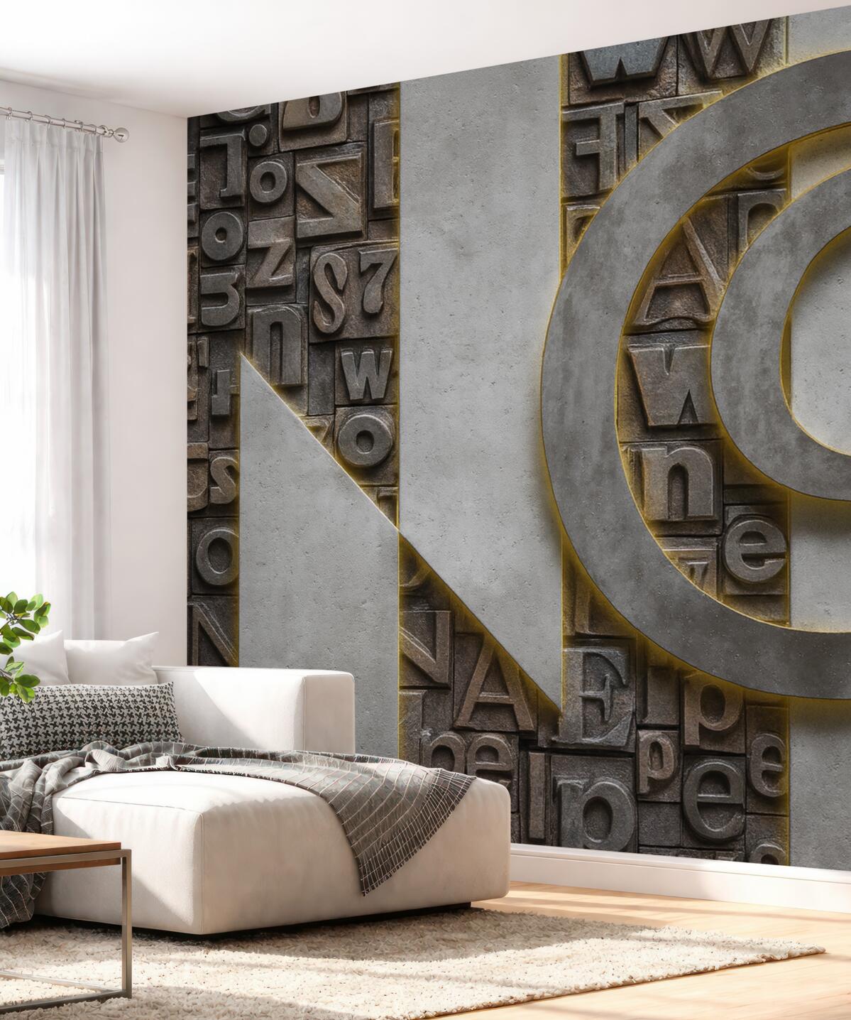 Fototapeta Nowoczesna tapeta w stylu loftowym z odwzorowaniem trójwymiarowych liter, betonu i oświetlenia.