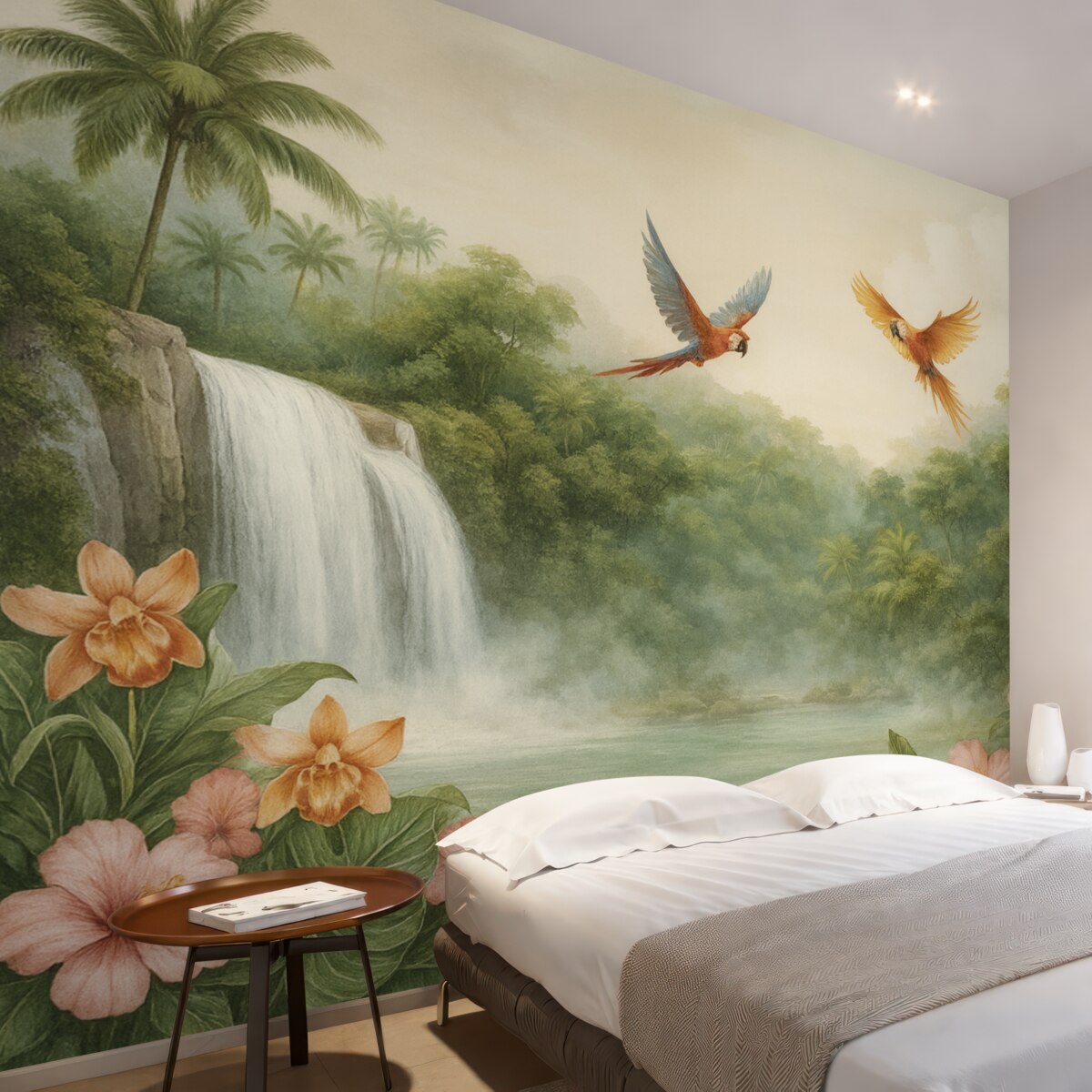Fototapeta Tropikalny pejzaż z wodospadem, stawem, kwiatami i ptakami.