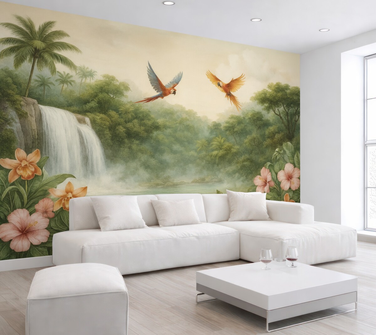 Fototapeta Tropikalny pejzaż z wodospadem, stawem, kwiatami i ptakami.