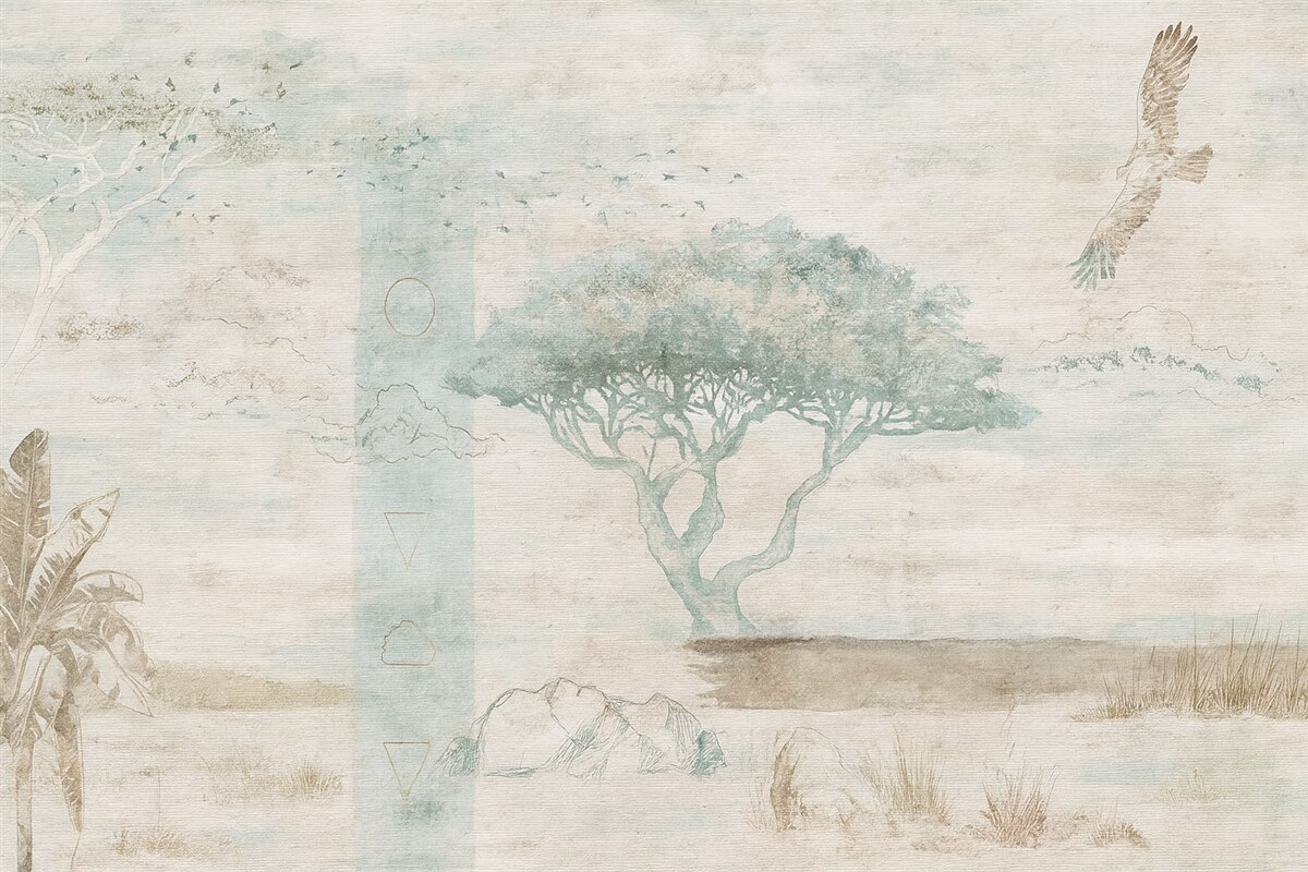 Fototapeta Projekt w stylu vintage z efektem grunge, przedstawiający drzewa, orła i elementy geometryczne.