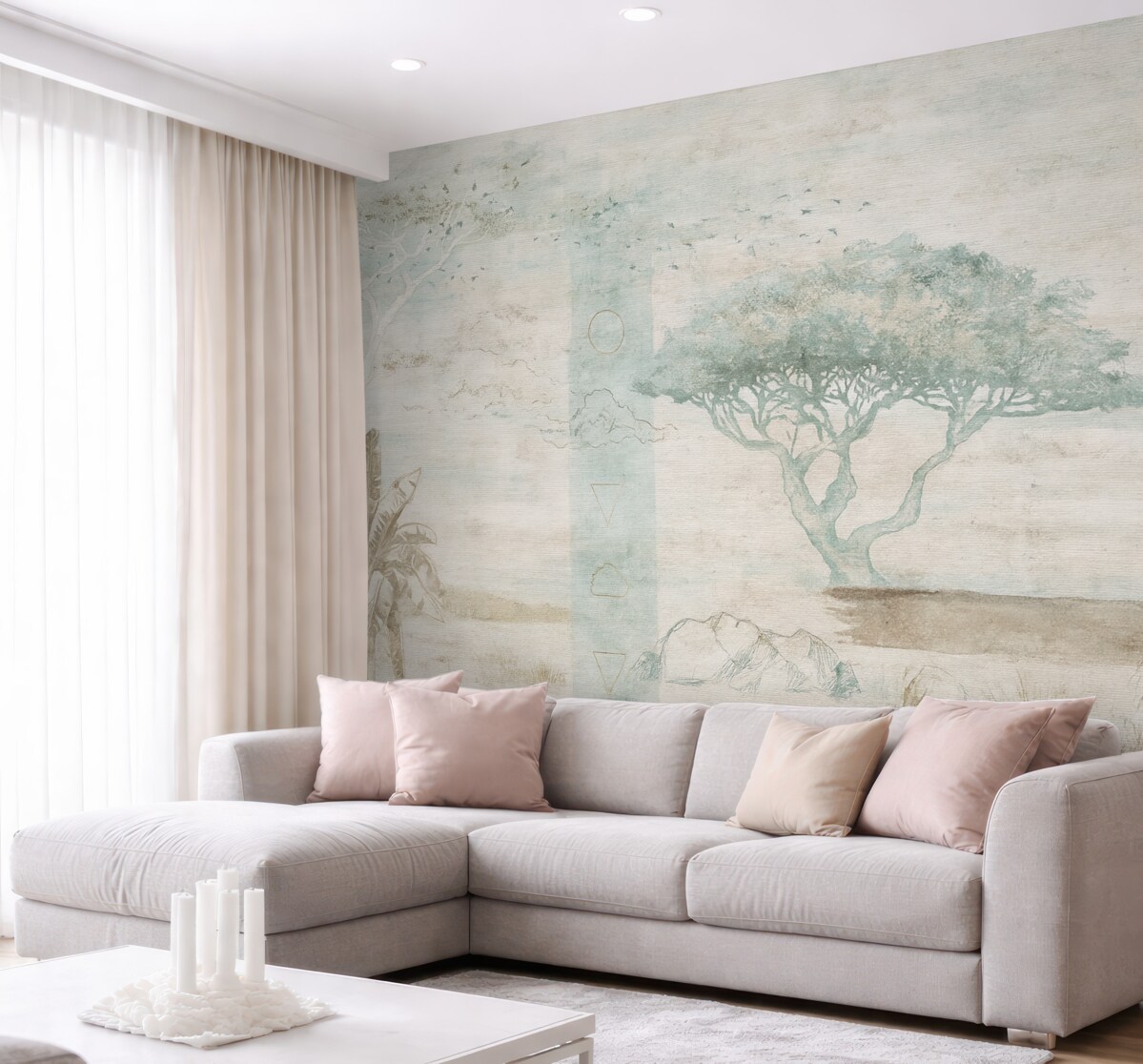 Fototapeta Projekt w stylu vintage z efektem grunge, przedstawiający drzewa, orła i elementy geometryczne.