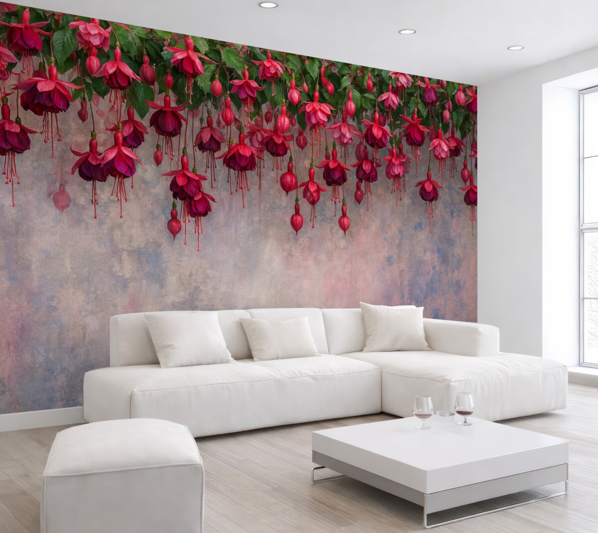 Fototapeta Wielkie fuksjowe kwiaty opadające z góry na tle stylowej ściany z efektem przetarć.