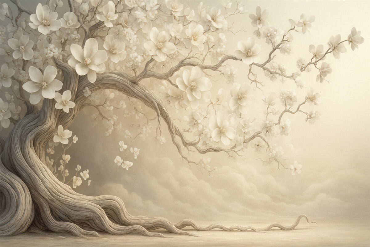 Fototapeta Urokliwe drzewo z białymi kwiatami na tle chmur w intrygującym stylu w subtelnych ciepłych odcieniach.