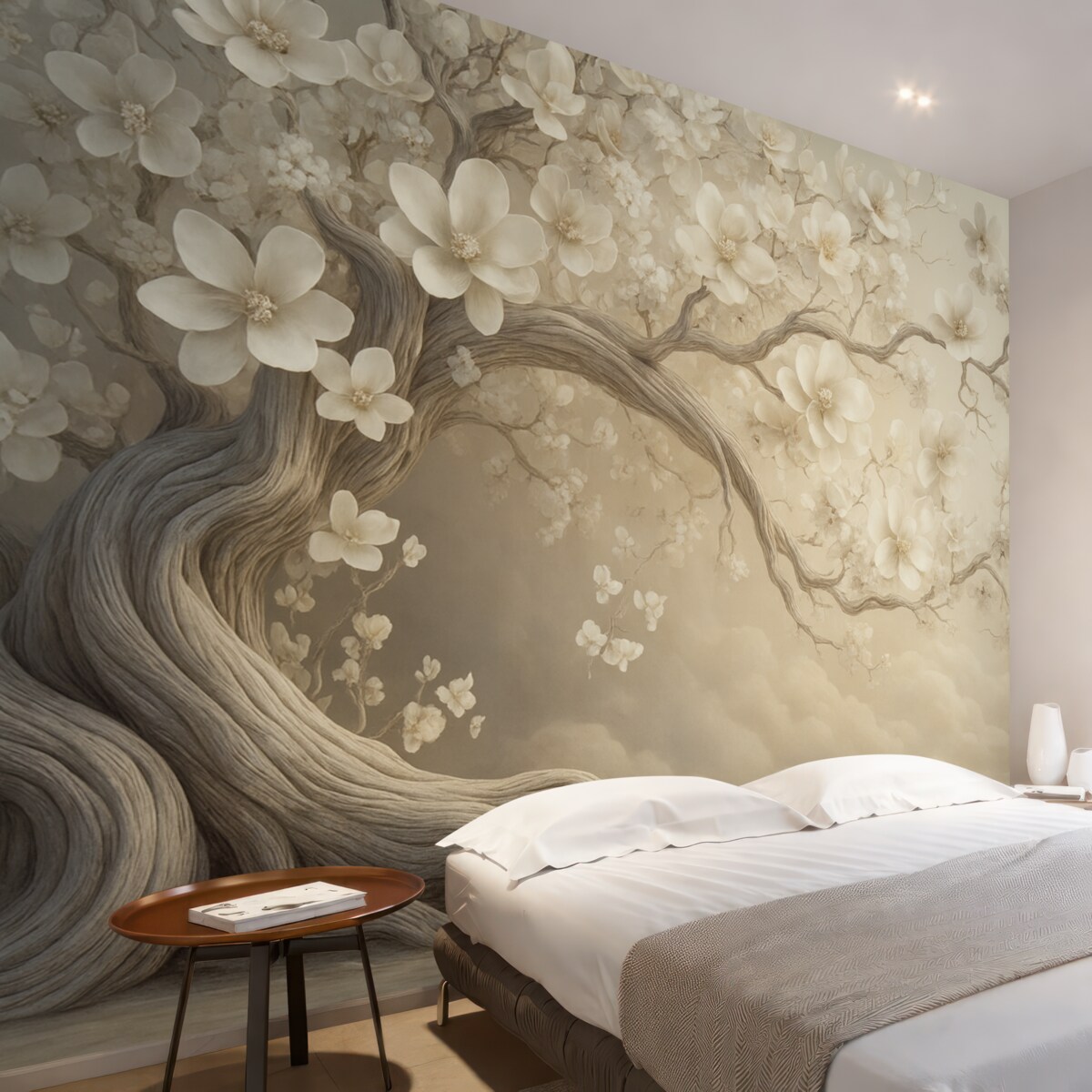 Fototapeta Urokliwe drzewo z białymi kwiatami na tle chmur w intrygującym stylu w subtelnych ciepłych odcieniach.