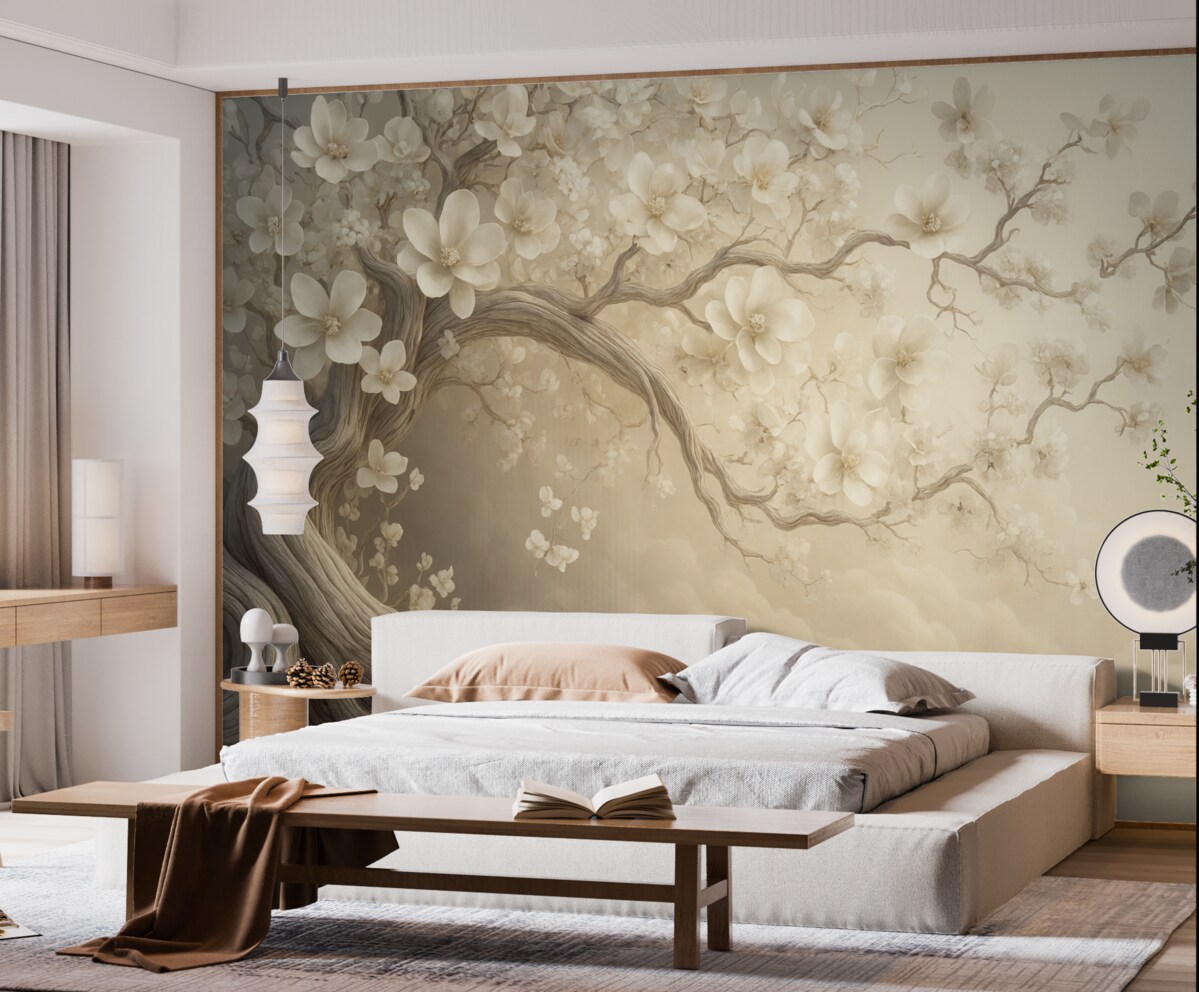 Fototapeta Urokliwe drzewo z białymi kwiatami na tle chmur w intrygującym stylu w subtelnych ciepłych odcieniach.