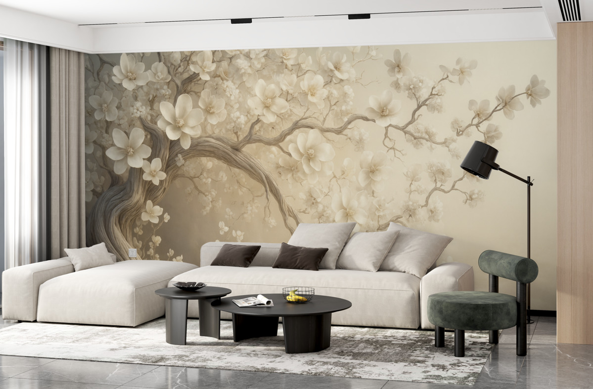 Fototapeta Urokliwe drzewo z białymi kwiatami na tle chmur w intrygującym stylu w subtelnych ciepłych odcieniach.