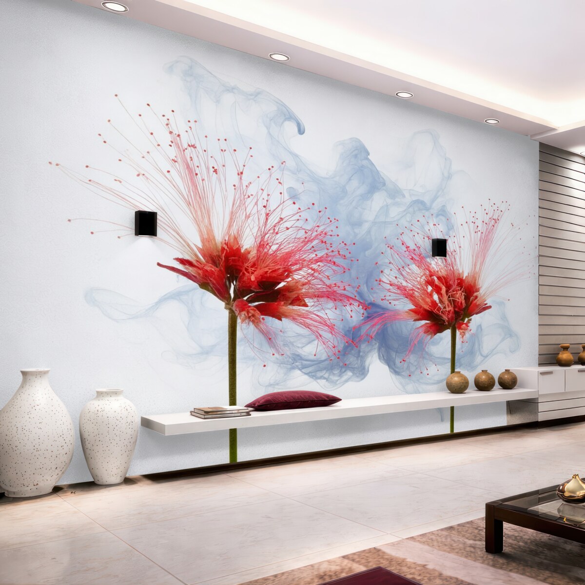 Fototapeta Wielkie czerwone kwiaty z bliska na tle mgły.